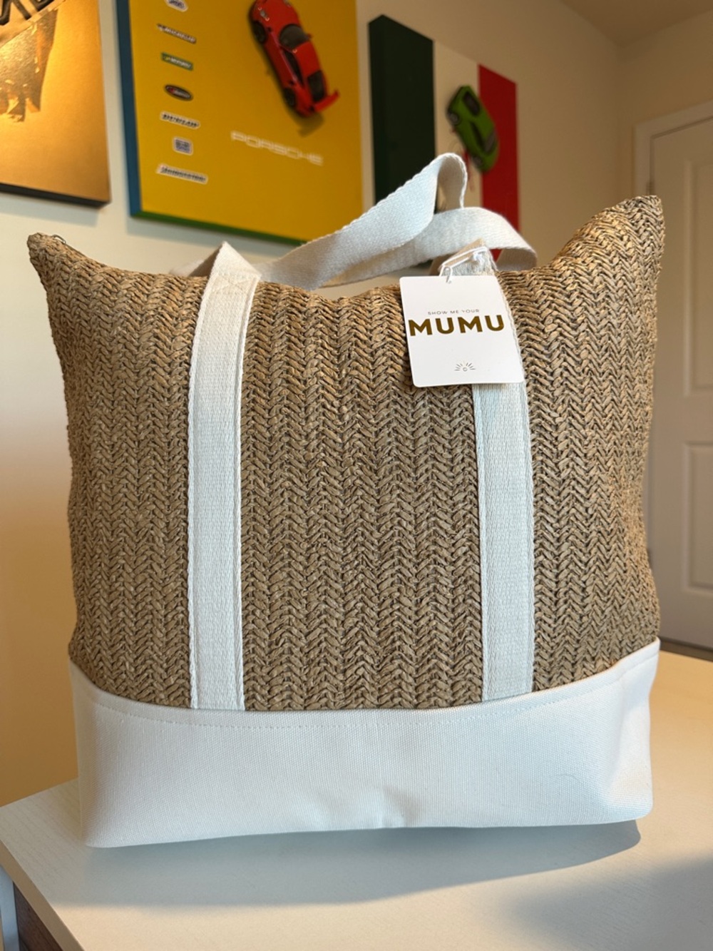 BRAND NEW! Show Me Your MuMu Natural Straw Tote with White Trim canvas!